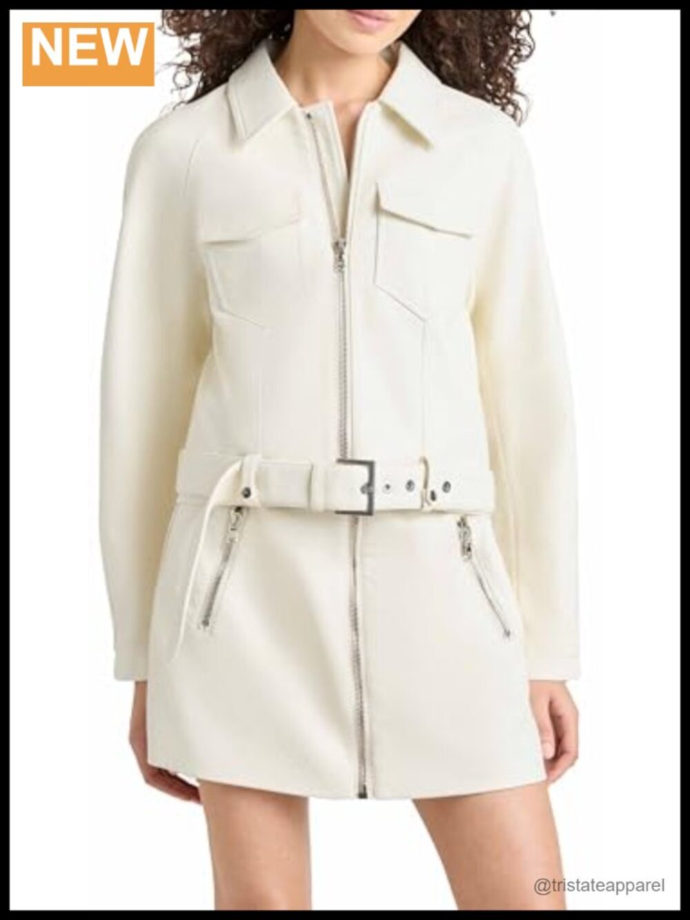 Faux Leather Moto Jacket with Belted Waist and Zip Front